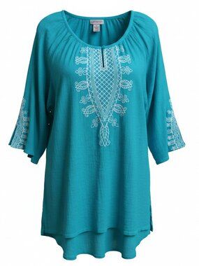 Catherines 3X Teal Embroidered Tunic Top Boho Cotton Blouse Plus Size Flowy